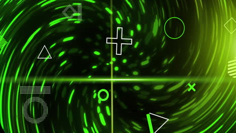 Animation-Rotierender-Formen-Und-Grüner-Scannerstrahlen-über-Wirbelnden-Grünen-Lichtern-Auf-Schwarzem-Hintergrund