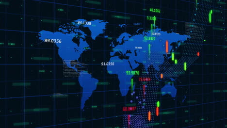 Animation-of-graph-and-data-processing-over-blue-world-map-on-black-background