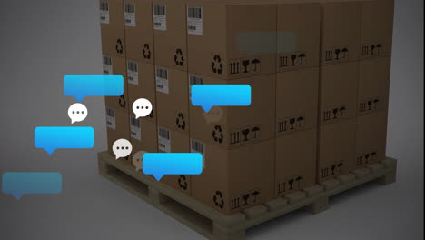 Animation-of-social-media-message-icons-over-stacked-cardboard-boxes-on-pallet