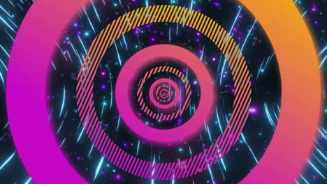 Animation-of-pink-and-orange-concentric-data-loading-rings-processing-over-swirling-lights