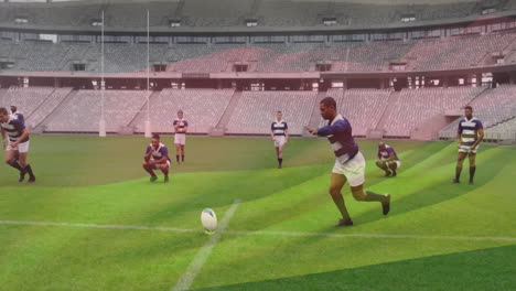 Animation-Der-Deutschen-Flagge-über-Einem-Afrikanisch-amerikanischen-Rugbyspieler,-Der-Während-Des-Spiels-Einen-Ball-Auf-Dem-Spielfeld-Kickt