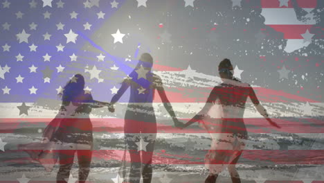 Animation-Der-Flagge-Der-USA-über-Glücklichen,-Unterschiedlichen-Freunden-Am-Strand-Im-Sommer