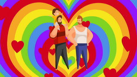 Animación-De-Una-Pareja-Gay-Masculina-Lgbtq-Con-Un-Niño-Sobre-Un-Fondo-De-Corazones-Y-Corazones-De-Arcoíris