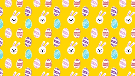 Animation-of-moving-easter-eggs-and-bunnies-over-yellow-background