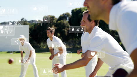 Animation-of-icons-and-data-processing-over-diverse-male-cricket-players