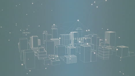 Animation-Eines-Verbindungsnetzwerks-Mit-Datenverarbeitung-über-Einem-Digitalen-Stadtmodell-Auf-Blauem-Hintergrund