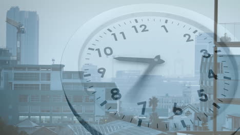 Animation-of-clock-with-fast-moving-hands-over-modern-cityscape