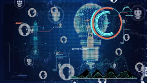 Animation-of-circular-scanner-over-light-bulb,-processing-data,-chatbot-and-people-icons