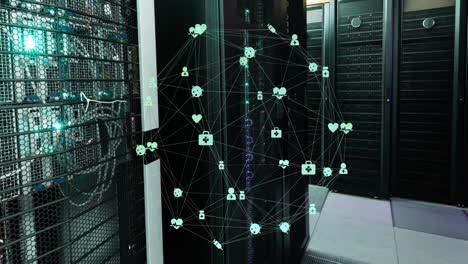 Animation-of-globe-of-network-of-connections-with-icons-over-computer-servers