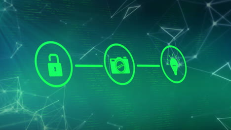 Animation-of-network-of-connections-with-digital-icons-over-green-background