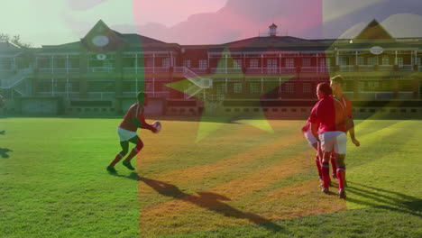 Animation-Der-Flagge-Kameruns-über-Verschiedenen-Männlichen-Rugbyspielern