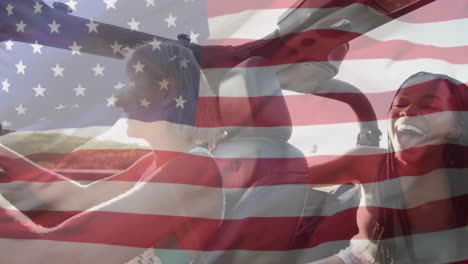 Animation-Der-Flagge-Der-USA-über-Glücklichen,-Unterschiedlichen-Frauen-Im-Auto-Am-Strand-Im-Sommer
