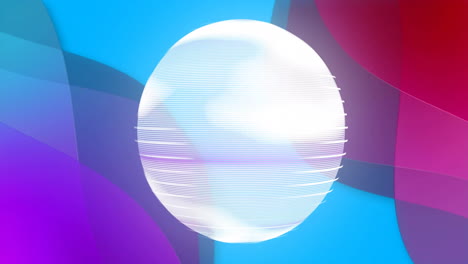 Animation-of-white-globe-over-colourful-shapes-on-blue-background
