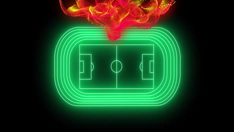 Animation-of-yellow-and-red-particle-wave-over-green-neon-football-stadium-on-black-background