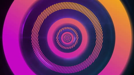 Animation-of-pink-and-orange-concentric-data-loading-rings-processing-over-purple-lights