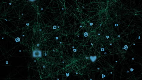 Animation-of-network-of-connections-with-medical-icons-on-black-background