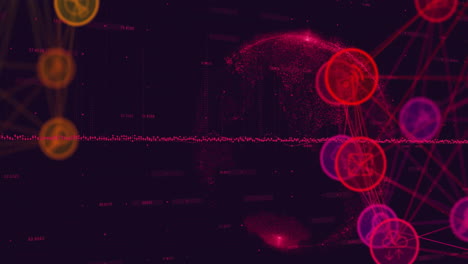 Animation-Von-Datenströmen-Und-Netzwerken-Von-Daten--Und-Kommunikationssymbolen-über-Dem-Globus-Auf-Dunklem-Hintergrund