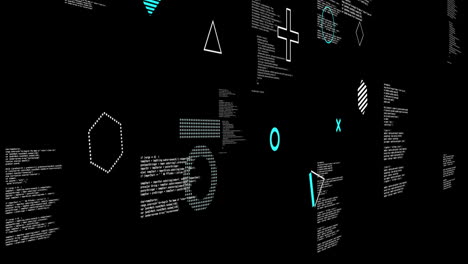 Animation-of-rotating-shapes-over-text-data-files-processing-on-black-background