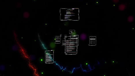 Animación-De-Interfaces-Que-Procesan-Datos-Sobre-Senderos-De-Luz-Coloridos-Y-Puntos-De-Luz,-En-Negro