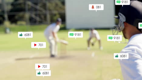 Animation-Von-Symbolen-Und-Datenverarbeitung-über-Verschiedene-Männliche-Cricketspieler