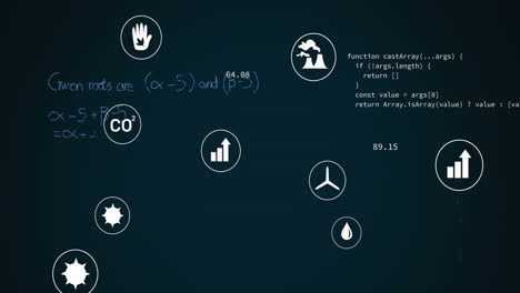 Animation-of-ecology-icons-with-mathematical-equations-and-data-processing-on-black-background