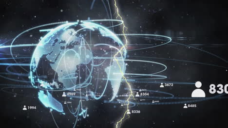 Animation-of-people-icons-and-processing-data-over-globe-and-glowing-network-on-night-sky