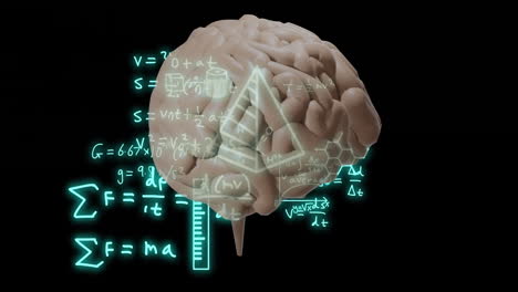 Animation-of-mathematical-equations-and-science-icons-over-brain-on-black-background