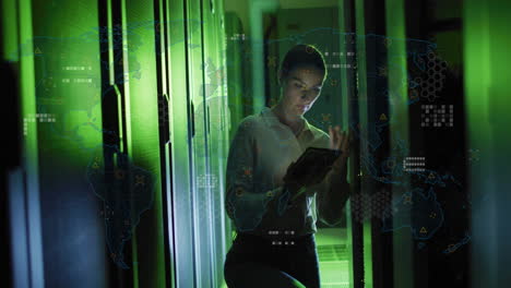 Animation-of-data-processing-over-caucasian-female-it-technician-with-tablet-over-computer-servers