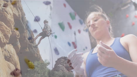 Animation-of-rock-over-caucasian-woman-by-climbing-wall
