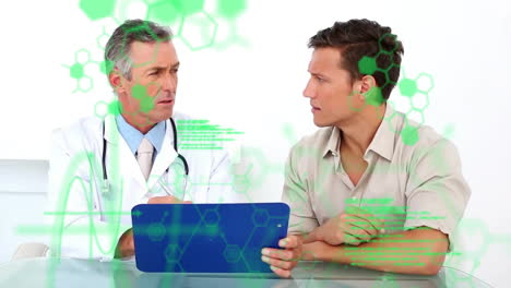 Animation-of-medical-data-processing-over-caucasian-male-doctor-and-patient-using-tablet