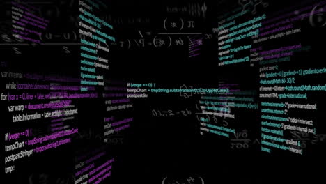 Animation-of-processing-text-data-and-mathematical-equations-on-black-background