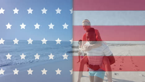 Animation-Der-Flagge-Der-USA-über-Glücklichen,-Unterschiedlichen-Freunden-Am-Strand-Im-Sommer