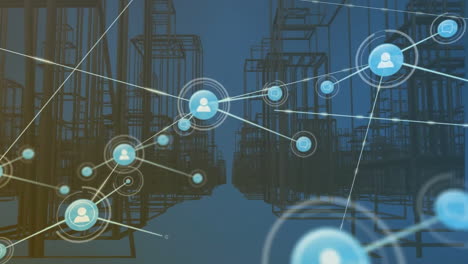 Animation-of-network-of-connections-with-icons-over-digital-city-model-on-blue-background