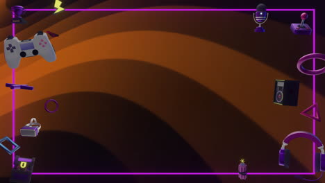 Animation-Von-Gamecontrollern,-Formen,-Symbolen-Und-Rosa-Rahmen-über-Blinkenden-Orangefarbenen-Streifen
