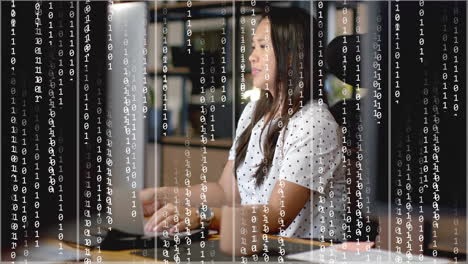 Animation-of-binary-data-processing-over-tired-biracial-businesswoman-using-computer-at-office-desk