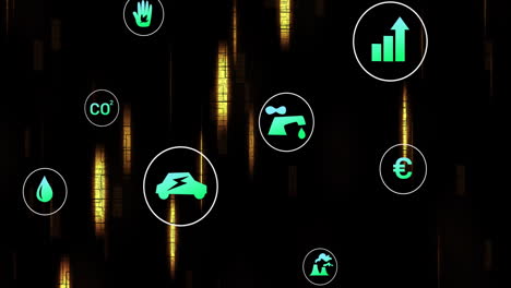 Animation-of-eco-icons-and-data-processing-over-black-background