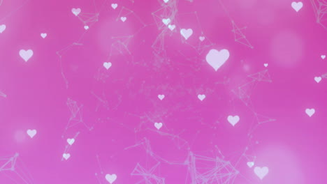 Animation-of-hearts-falling-and-shapes-on-pink-background