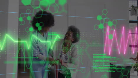 Animation-of-cardiograph-and-data-processing-over-african-american-female-doctor-and-senior-patient