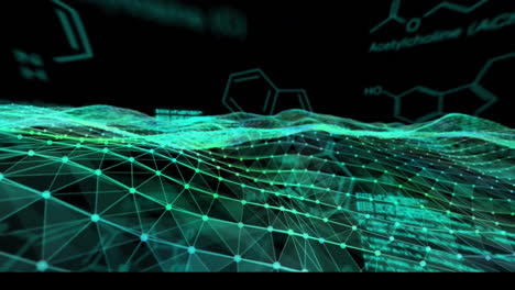 Animation-Von-Elementdiagrammen-Und-Datenverarbeitung-über-Leuchtend-Grünen-Netzwerkwellen