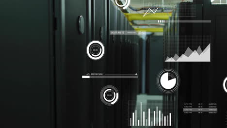 Animation-Der-Datenverarbeitung-Und-Diagramme-über-Dem-Serverraum