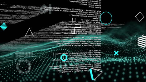Animation-Rotierender-Formen-über-Blauen-Netzwerkwellen-Und-Datenverarbeitung-Auf-Schwarzem-Hintergrund