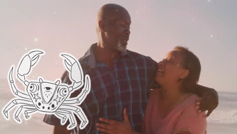 Animation-Des-Horoskopsymbols-über-Einem-Glücklichen-älteren-Biracial-Paar,-Das-Am-Strand-Tanzt