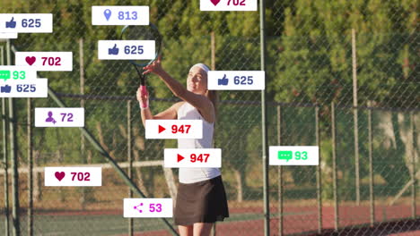 Animation-Von-Symbolen-Und-Datenverarbeitung-über-Einer-Kaukasischen-Tennisspielerin