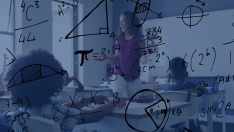 Animation-of-geometry-and-maths-equations-over-diverse-female-teacher-and-schoolchildren-in-class