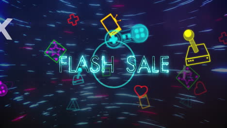 Animation-Von-Neon-Gaming-Symbolen-Und-Flash-Sale-Text-über-Lichtspuren-Auf-Schwarzem-Hintergrund