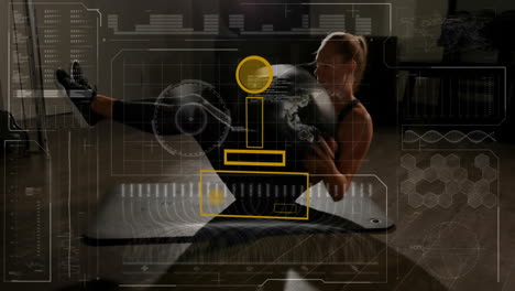 Animation-Von-Diagrammen-Zur-Datenverarbeitung-über-Einer-Fitten-Kaukasischen-Frau,-Die-Im-Fitnessstudio-Mit-Einem-Gymnastikball-Trainiert