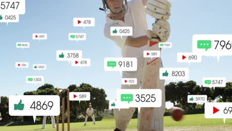 Animation-of-social-media-notifications-over-caucasian-male-cricketer-batting-in-sun