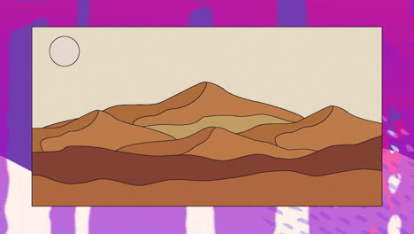 Animation-of-mountain-landscape-and-shapes-on-pink-background