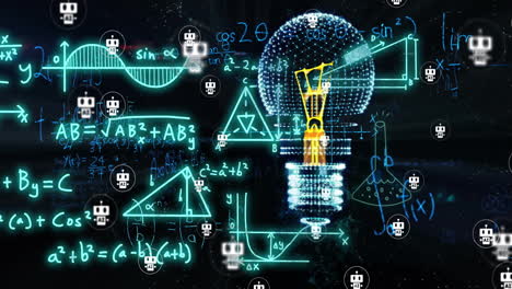 Animation-of-light-bulb-with-ai-icons-over-mathematical-equations-on-blue-background