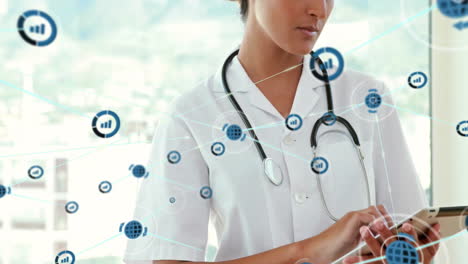 Animation-of-network-of-data-communication-icons-over-caucasian-female-doctor-using-tablet